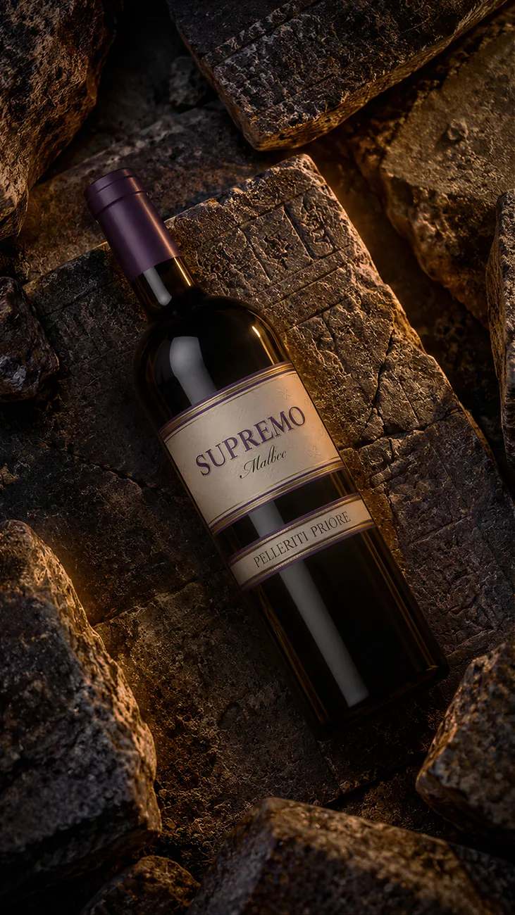 Botella de Supremo Malbec de Pelleriti Priore recostada sobre piedras talladas con luz dorada, Uco Valley, Mendoza